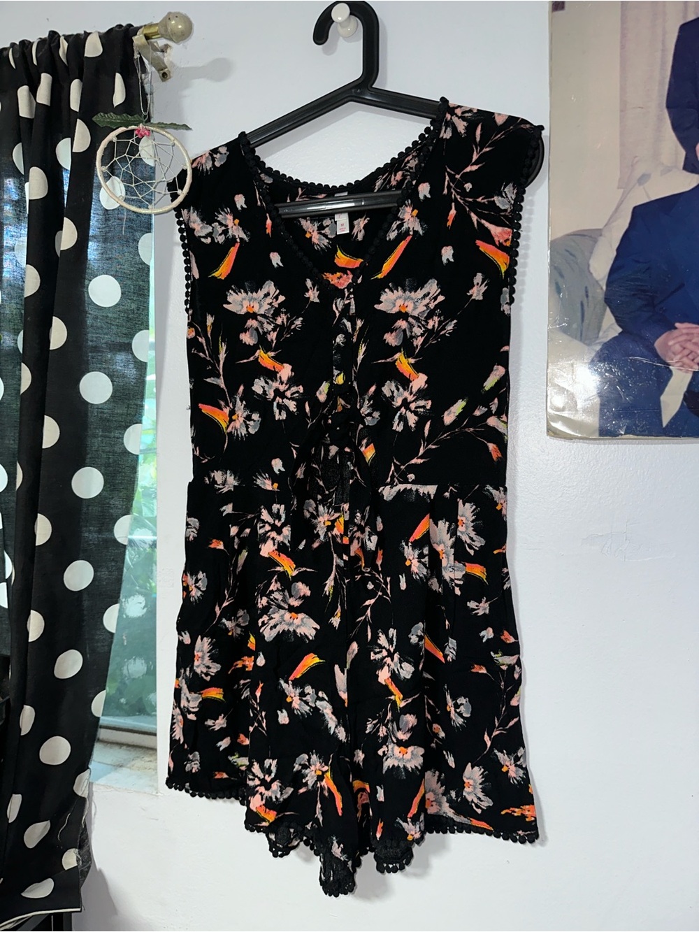 Xhilaration Black Floral Print Romper with Orange & Pink Accents